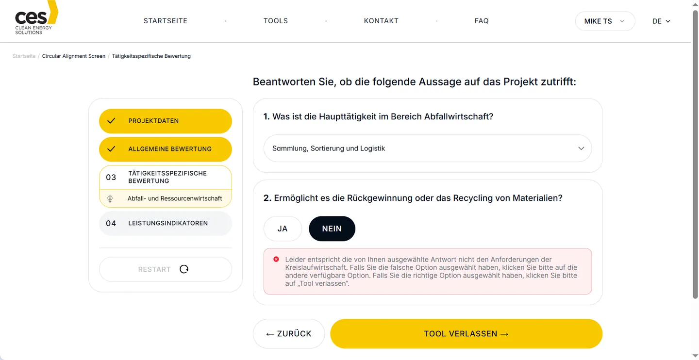 The CES assessment tool in use: a stepped questionnaire with instant validation of each answer.