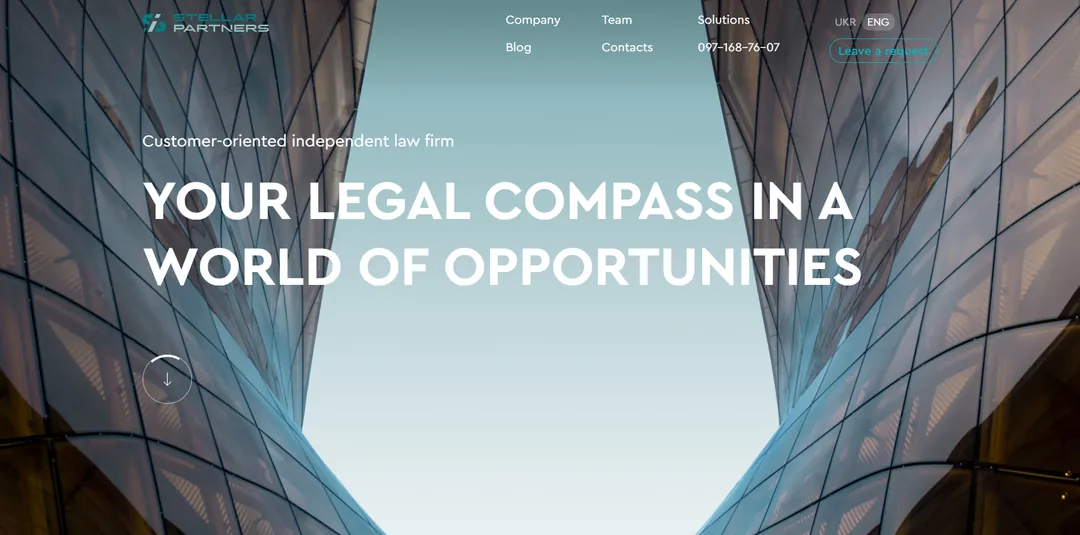 A law firm site: full-bleed hero over an architectural photograph.