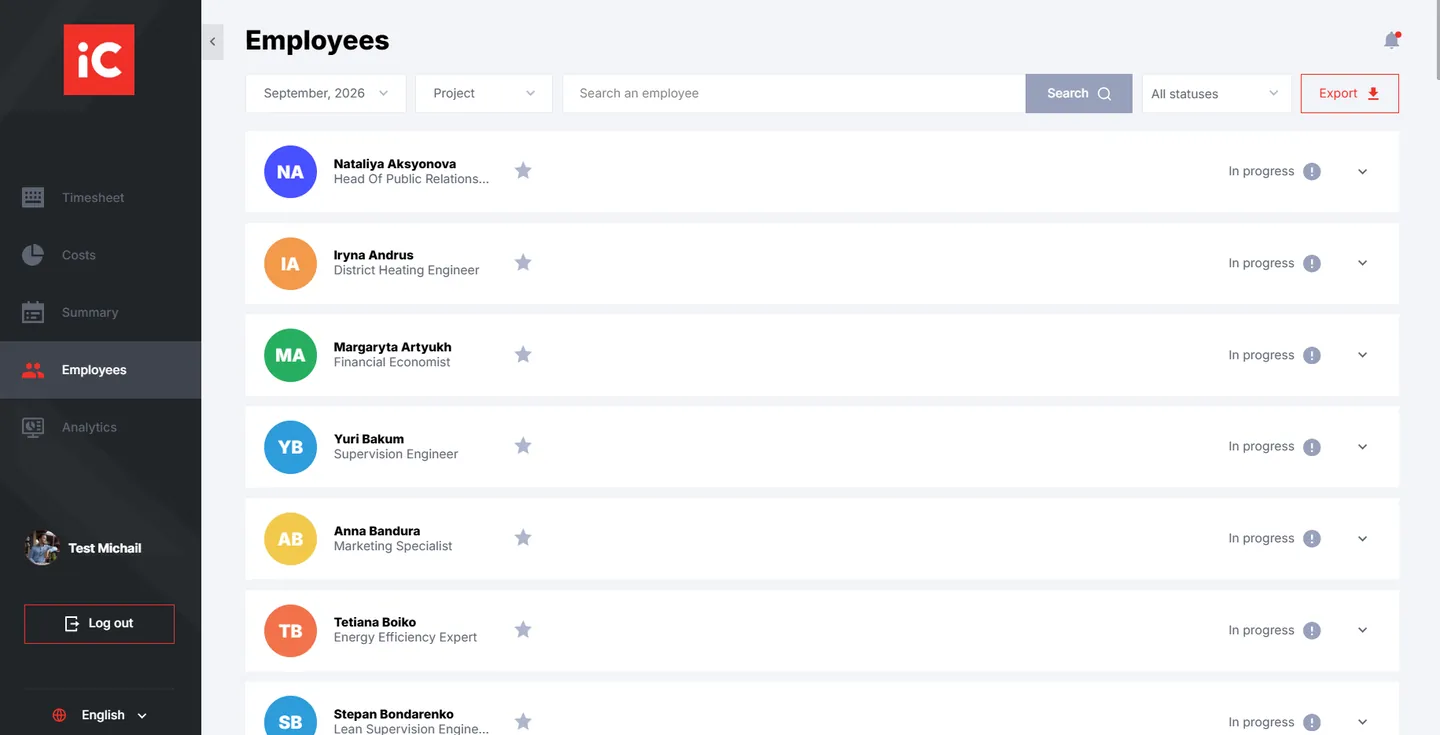 The iC Consulenten employee list: every person on the system with their current status.